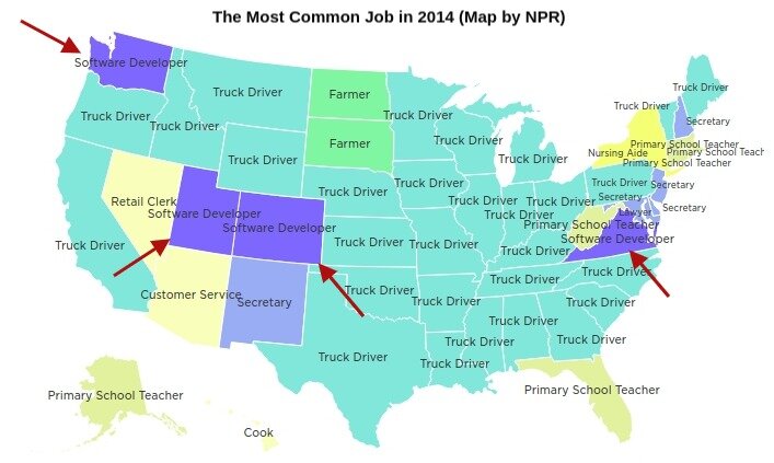                         Штаты, в которых популярна профессия разработчика ПО
