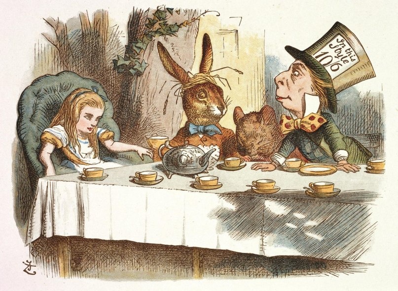 — Поэтому здесь и накрыто к чаю? — спросила она. 
—  Да, —  отвечал Болванщик со вздохом. — Здесь всегда пора пить чай. Мы не успеваем даже посуду вымыть!