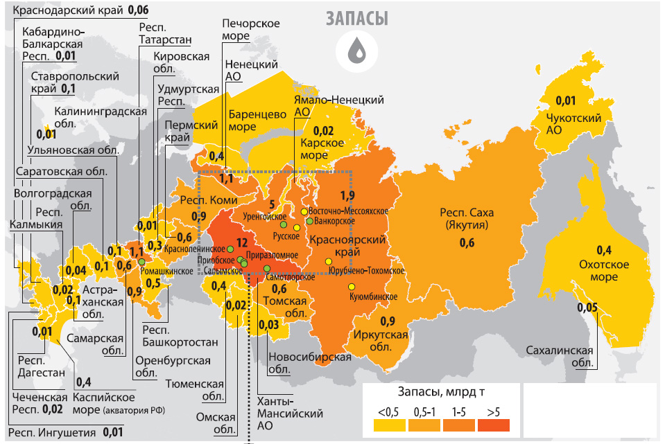Карта регионов с крупнейшими запасами нефти в России.