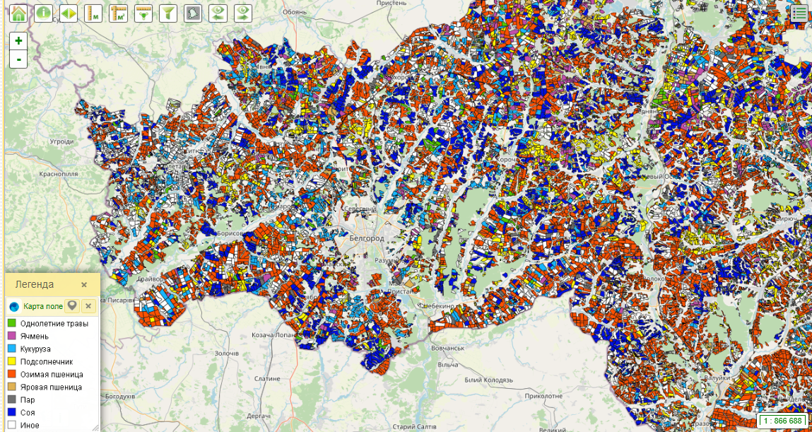 Тематическая карта культур по полям Белгородской области