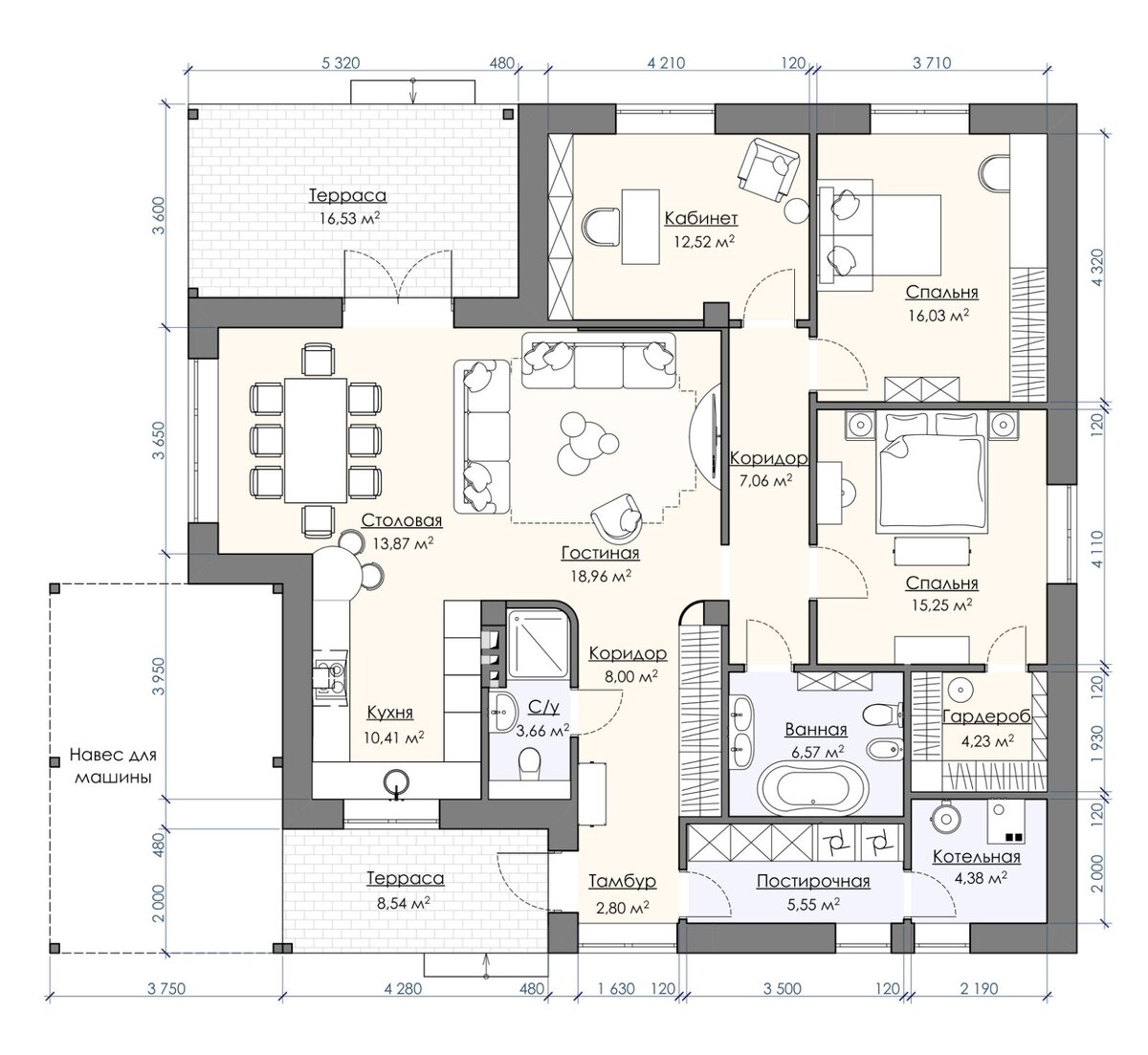 Четкое зонирование в планировке, все компактно,но просторно