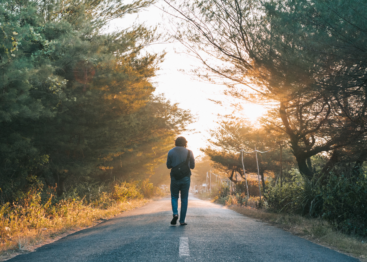 Мужчина идет. Природа. Два человека идут по дороге. Walking Alone.