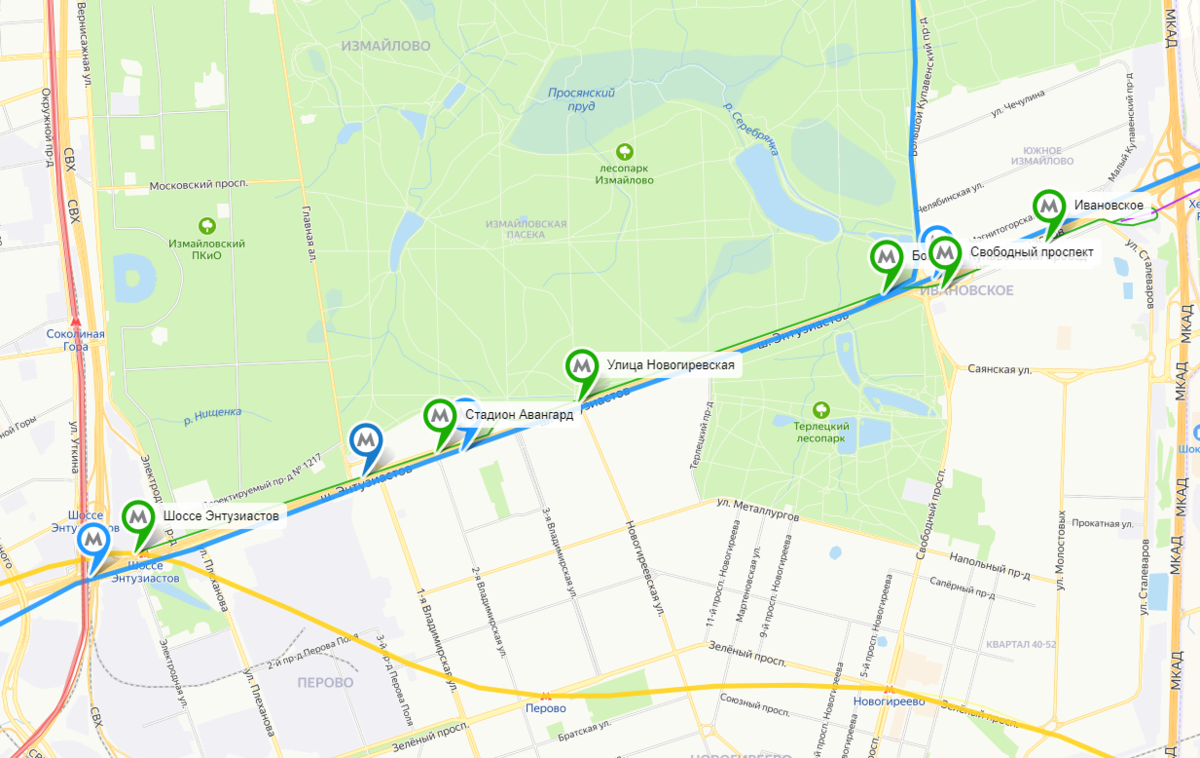 Линия и остановки скоростного трамвая от м. Шоссе Энтузиастов в район Ивановское на карте зеленым цветом. Для наглядности, предполагаемые станции Балашихинской линии метро и сама линия отмечены голубым цветом.