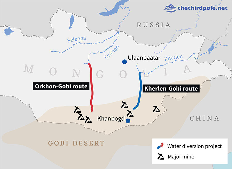 Программа «Синий конь»: схема  решения проблемы нехватки водных ресурсов в пустыне Гоби  за счет  водозабора из  Орхона (на схеме – красным цветом) и Керулена (синим)