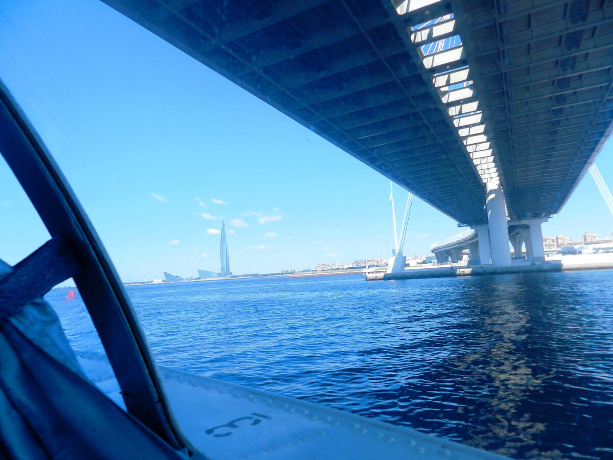 Проплываем под мостом Западного скоростного диаметра на пути в Петергоф.
