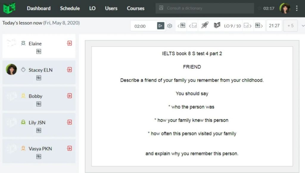 Скриншот онлайн-класса, где обычно проводятся уроки и тестирование по формату IELTS