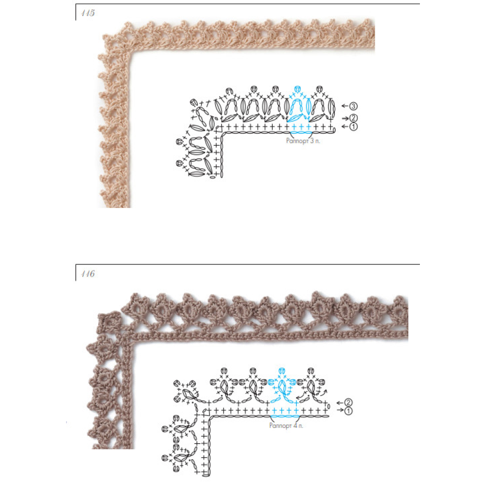 Кайма крючком: 9 схем простых, но симпатичных угловых узоров.