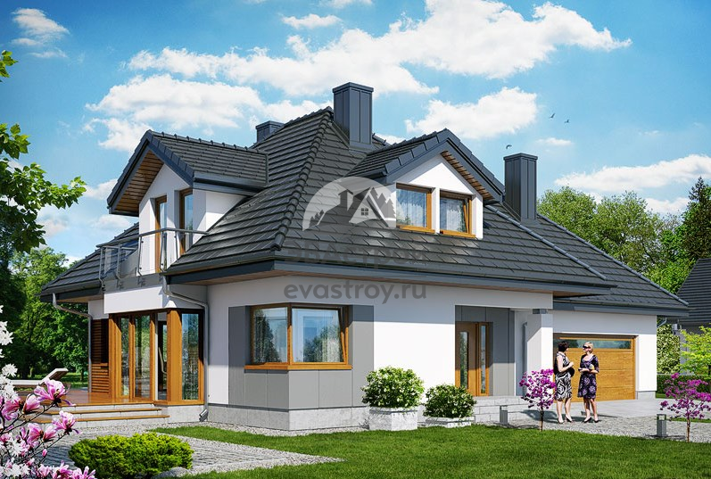 Проект квадратного дома 253 м2 с мансардой, гаражом и балконом - 106-02