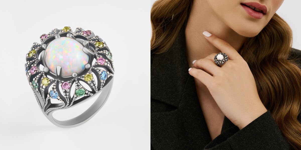 Серебряное кольцо с опалами и фианитами 000-297652 на ourgold.ru