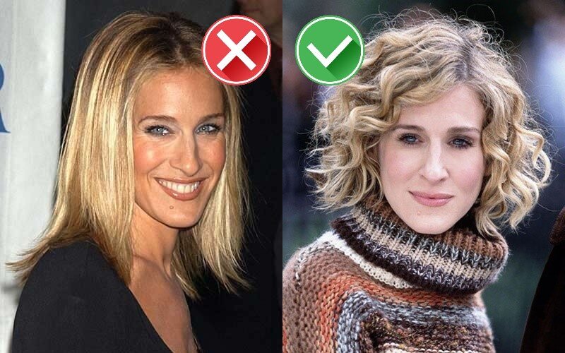 Прямые волосы и пробор посередине - неудачный вариант причёски для длинного узкого лица. Другое дело - объёмные кудри на стрижке боб при косом проборе.