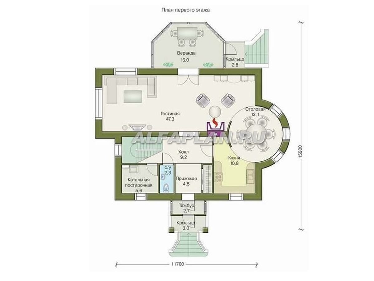 НА СЛАЙД ШОУ 2 ФОТО: ПЛАНИРОВКА дома по проекту "Эвита" 50А
1 этаж – гостевая часть дома и зона сбора всей семьи. Для этих целей здесь расположена большая (47 м2) гостиная с камином и выходом через распашные двери на застекленную веранду, круглая столовая в красивом эркере, кухня с окном на главный фасад дома, а также вспомогательные помещения (санузел, прихожая со встроенным гардеробом и тех.помещение (котельная - постирочная).