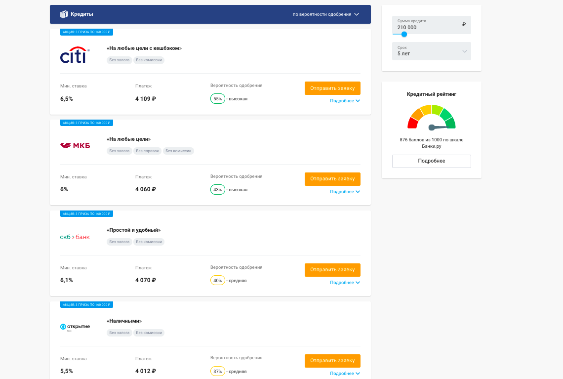 Пример индивидуальной подборки предложений по кредитам от разных банков. Здесь вы сразу увидите минимальную ставку, расчет ежемесячного платежа и вероятность одобрения каждого кредита именно для вас. 