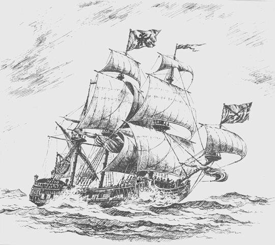 1703, 24 марта (4 апреля) - На Олонецкой верфи заложен первый фрегат «Штандарт» (худ. А.В. Карелов)