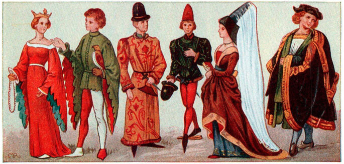 Изменение стиля одежды отражали тогдашние общественные предпочтения. Возможность следовать моде имели преимущественно представители зажиточных слоев. Крестьянин обычно носил льняную рубашку и штаны до колен или даже до щиколоток. Верхней одеждой был плащ, стянутый на плечах застежкой (фибулой). Зимой носили или грубо вычесанный овечий тулуп или теплую накидку из плотной ткани или меха. Одежда отражала место человека в обществе. В наряде состоятельных преобладали яркие цвета, хлопчатобумажные и шелковые ткани. Беднота довольствовалась темной одеждой из грубого домотканого полотна. Обувью мужчин и женщин были кожаные остроносые ботинки без твердой подошвы. Головные уборы возникли в XIII в. и с тех пор непрерывно менялись. Привычные перчатки приобрели при средних веках важное значение. Пожать руку в них считалось оскорблением, а бросить кому перчатку было проявлением презрения и вызовом на поединок. Знать любила добавлять к своей одежде различные украшения. Мужчины и женщины носили кольца, браслеты, пояса, цепочки. Очень часто эти вещи были уникальными ювелирными изделиями. Для бедноты все это было недостижимым. Значительные средства тратили состоятельные женщины на косметику и парфюмерию, которую привозили купцы с восточных стран.