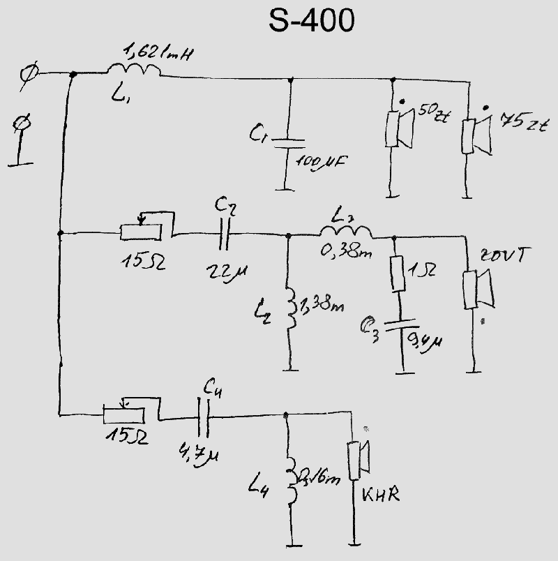  схема заводского кроссовера Radiotechnica S-400m, 3-я версия
