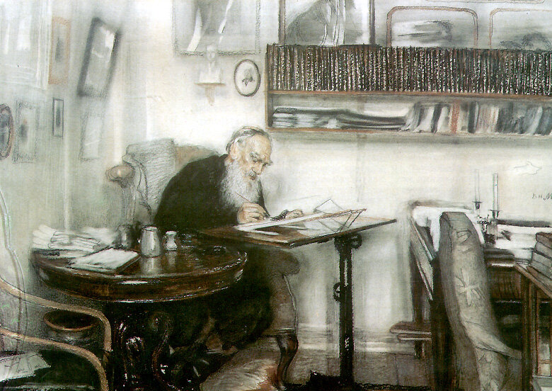 Василий Мешков. «Л. Н. Толстой в яснополянской библиотеке», 1910 год, Государственный музей Л. Н. Толстого, Москва © Public domain