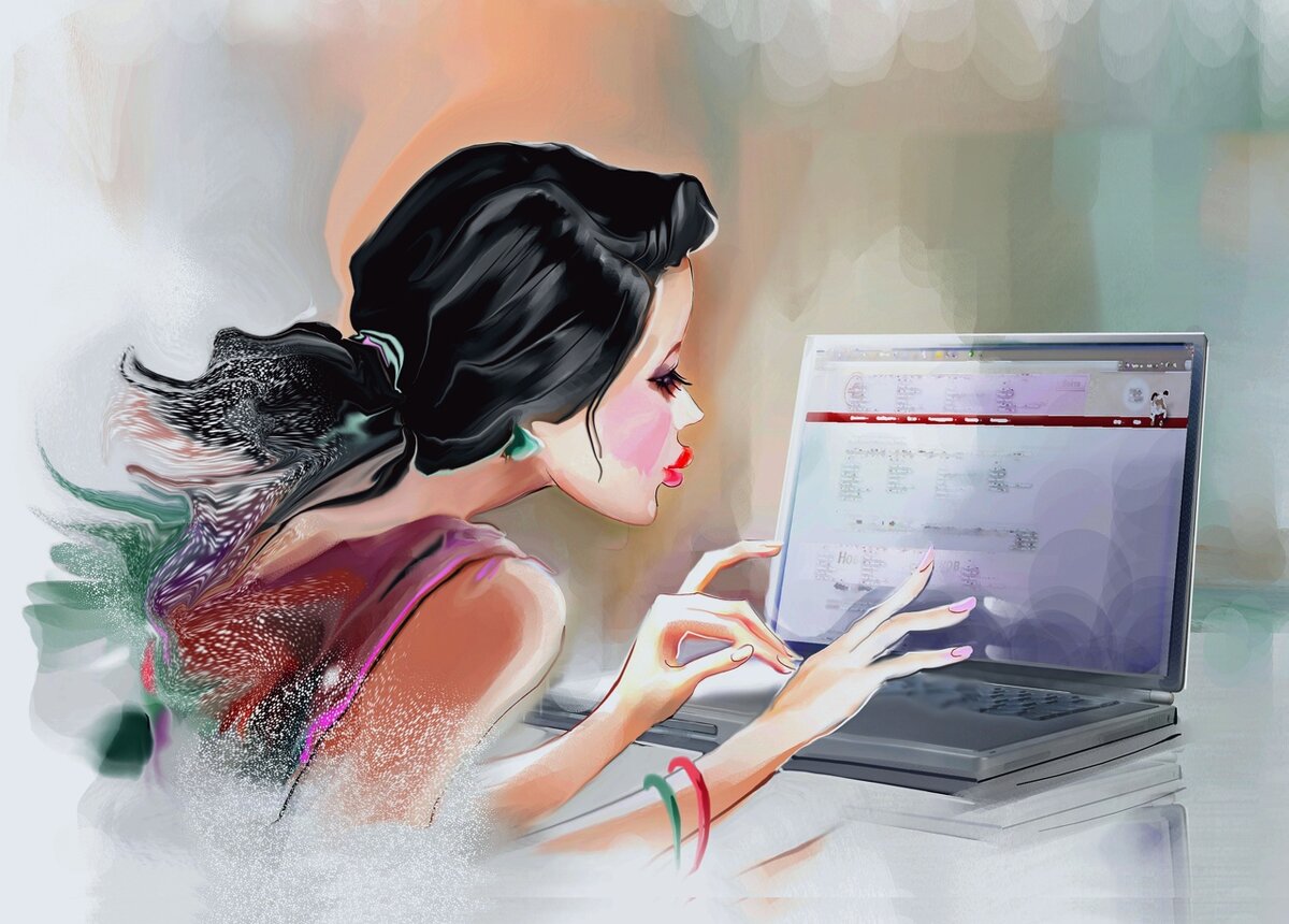 Девушка за компьютером иллюстрация