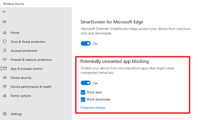 Настройки блокировки потенциально нежелательных программ Windows 10