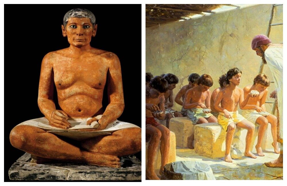 Египетский  писец Хори слева. Школа Месопотамии справа.