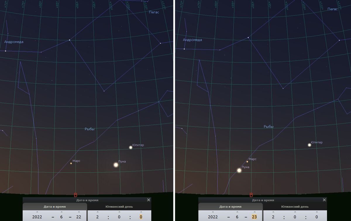 Рис. 2а,б. Луна, Юпитер и Марс на утреннем небе 22 и 23 июня. Stellarium