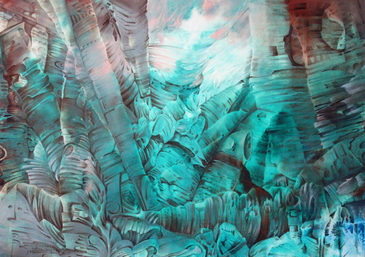 Сергей Галета. Сновидение. Город - малахит. монотипия.       бумага. гуашь. 30х41см. 1996 г. 