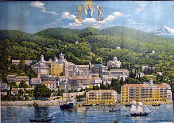 Литография с изображением Свято-Пантелеймонова монастыря на горе Афон. Одесская типография. 1908 год. Из собрания автора. 