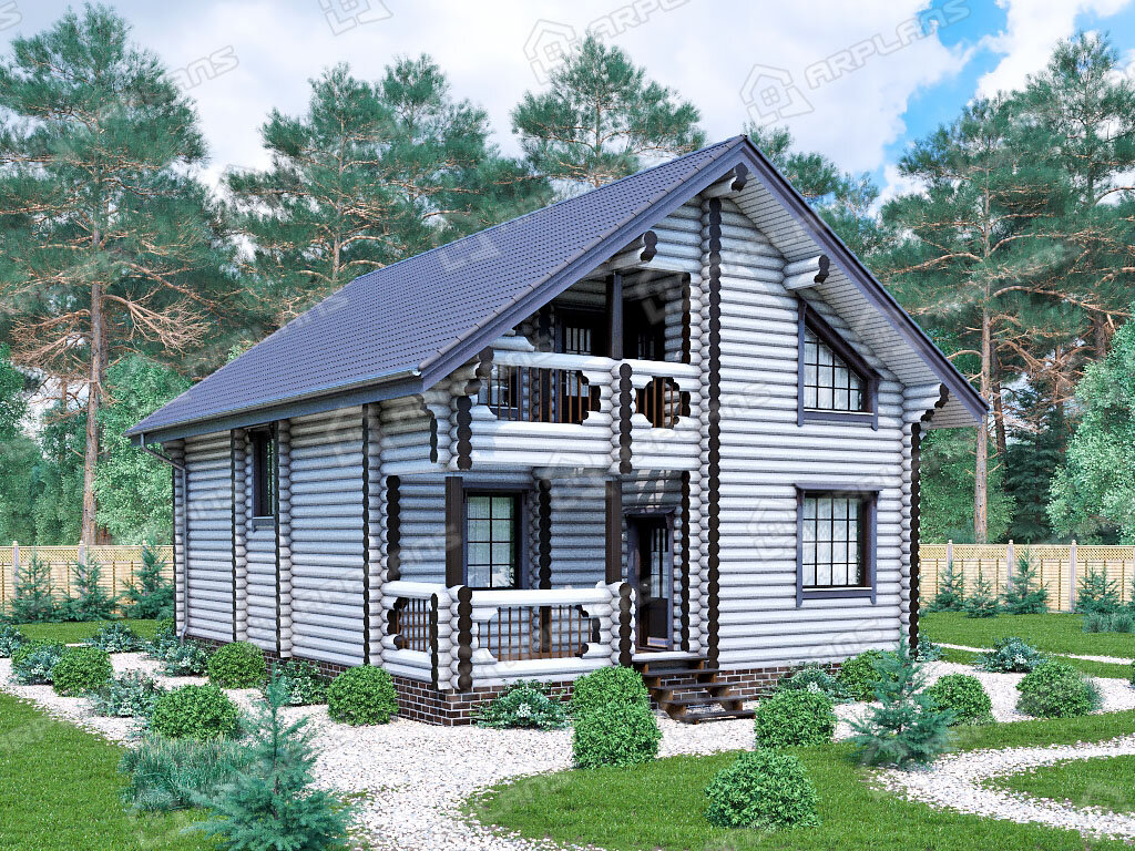 Фото 2 деревянного двухэтажного дома из бревна с мансардой, 4 спальнями, гостевой, балконом, террасой и газовой котельной. Полезная площадь 150 кв м. Источник arplans.ru Проект ДО-011