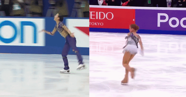 Гиф-сравнение дорожек шагов у Мао Асады и Александры Трусовой(но у нее, справедливости ради, все не так плохо)