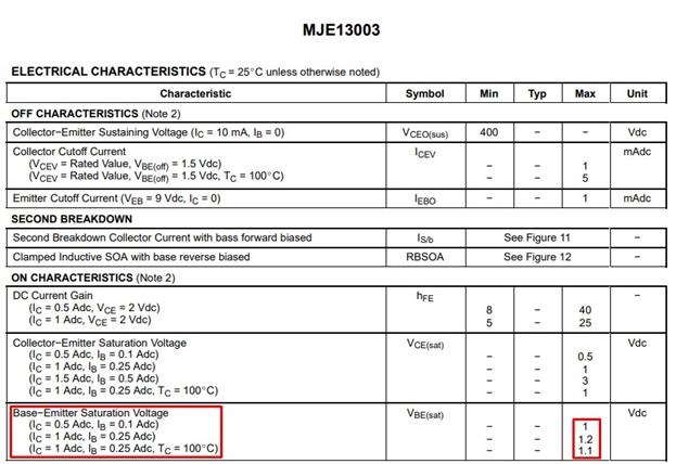Напряжение база-эмиттер необходимое для перевода транзистора MJE130003 в состояние насыщения — от 1 до 1,2 вольта