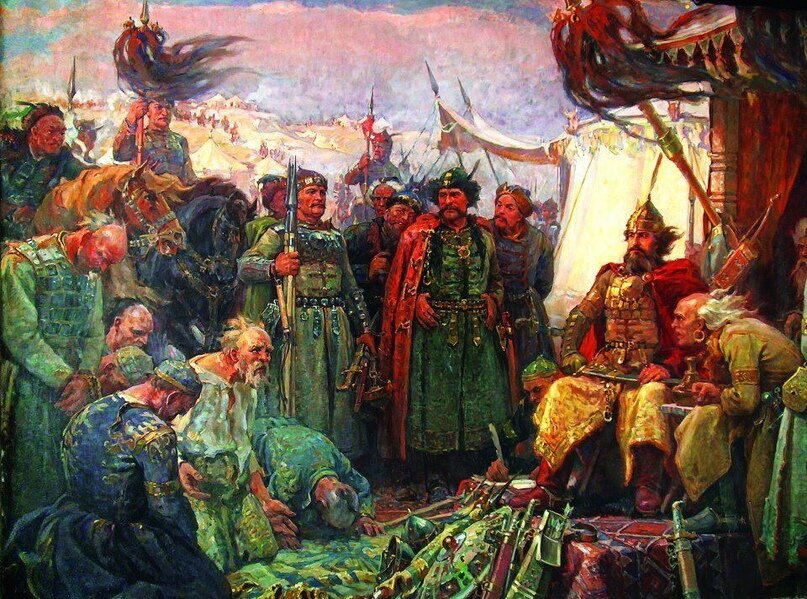 Крум допрашивает пленных аваров. Художник Димитър Гюдженов. Фото из общедоступных источников.