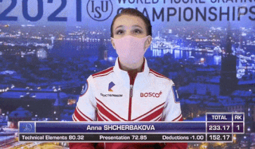 Анна Щербакова в зоне Кисс-энд-край на ЧМ-2021 (источник - 1tv.ru/sport)
