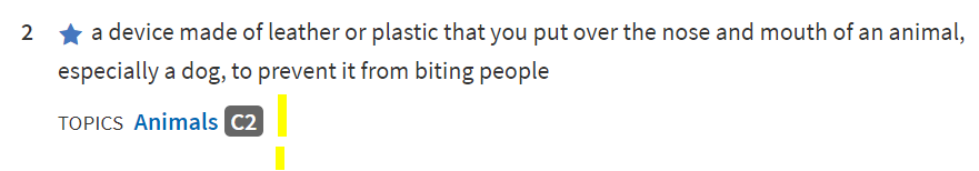 Cкриншот из словарной статьи про намордник (muzzle) в оксфордском словаре - слово C2 уровня https://www.oxfordlearnersdictionaries.com/definition/english/muzzle_1 