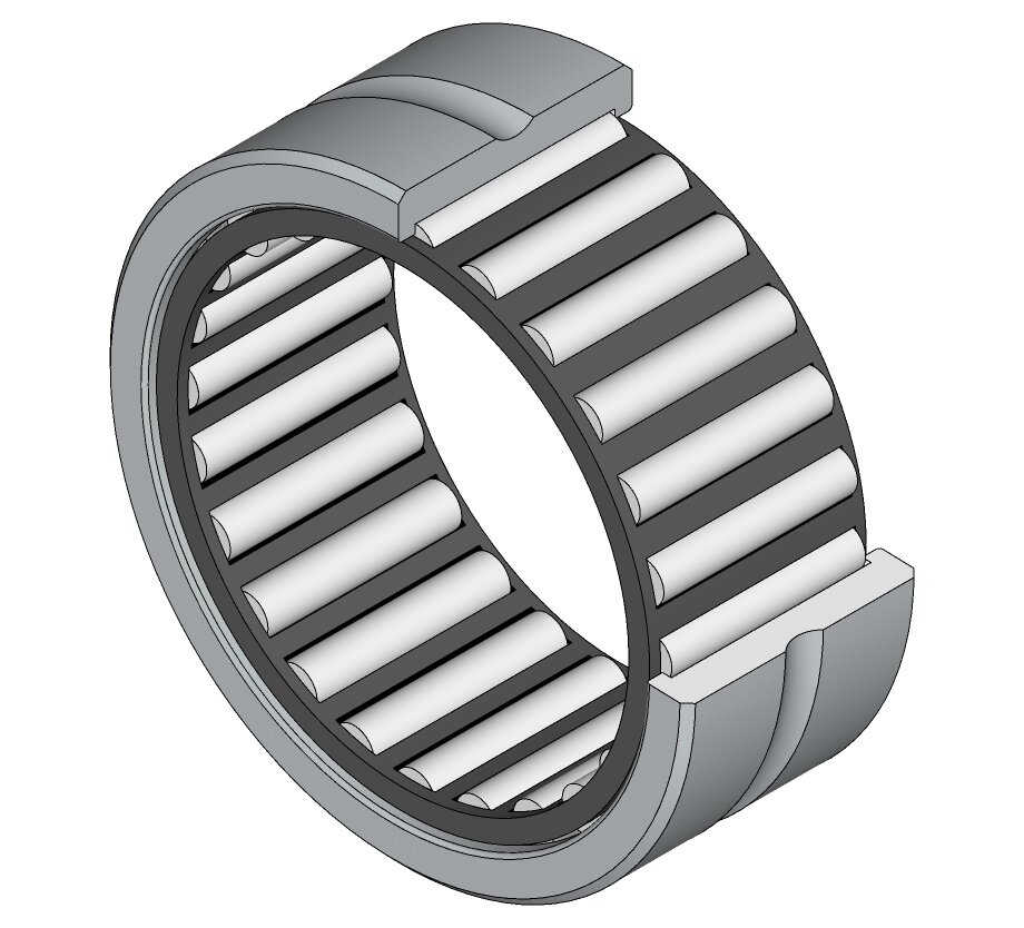 Вот так выглядит однорядный игольчатый подшипник серии  HK  с наружным штампованным кольцом и полиамидным сепаратором