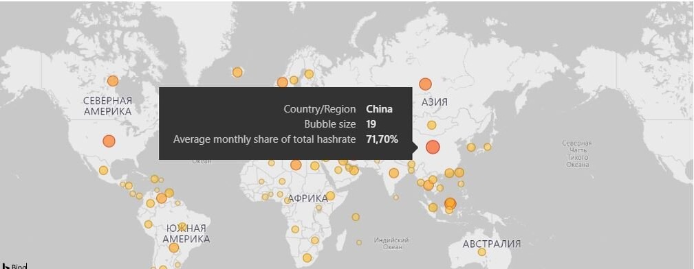 Карта распределения хэшрейта bitcoin и доля Китая в хэшрейта криптовалюты. Источник: cbeci.org