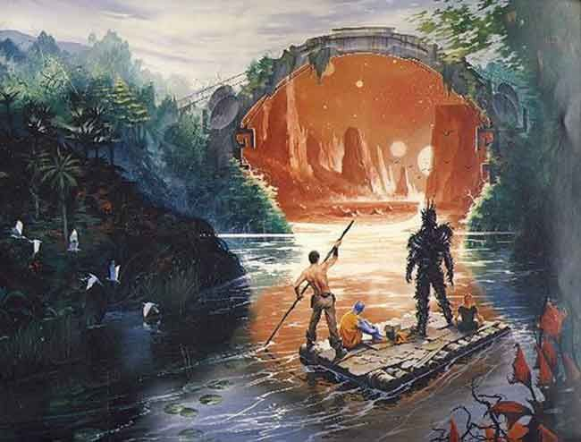 По реке Тетис через портал... Это из третьей книги, но так путешествовали и до Падения порталов...
