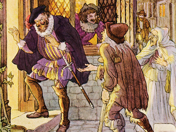 Нищий просит милостыню у богатого горожанина. 