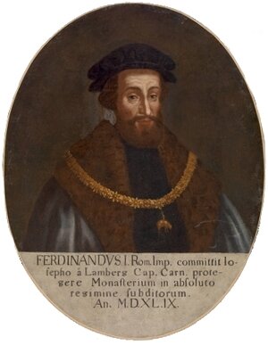 Фердина́нд I (10 марта 1503, Алькала-де-Энарес — 25 июля 1564, Вена) — король Венгрии и Богемии с 1526 года, король Германии (римский король) с 5 января 1531 года, император Священной Римской империи с 1556 (формально с 1558) года, родоначальник младшей (австрийской) ветви дома Габсбургов. Также был эрцгерцогом Австрии, и именно в его правление Австрией турки потерпели поражение под Веной (1529) - Википедия