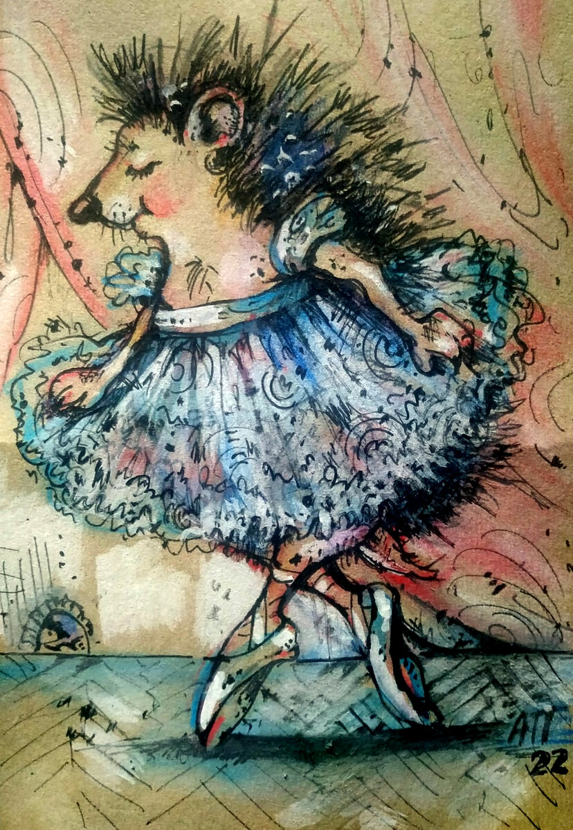 (с) Алена Подобед, "Балерина", картон А5, акварель, белила, тушь, 2022