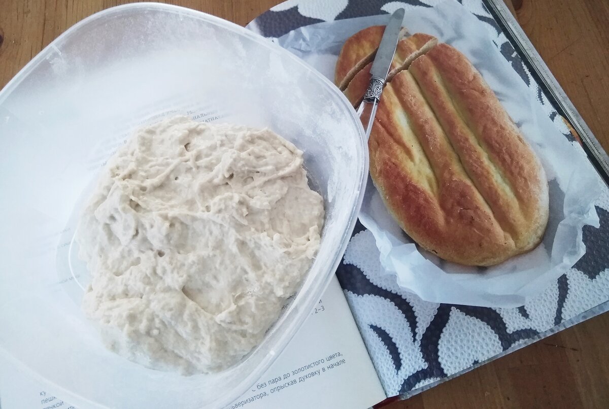 Моя только что сделанная опара и матнакаш на фото в книге.