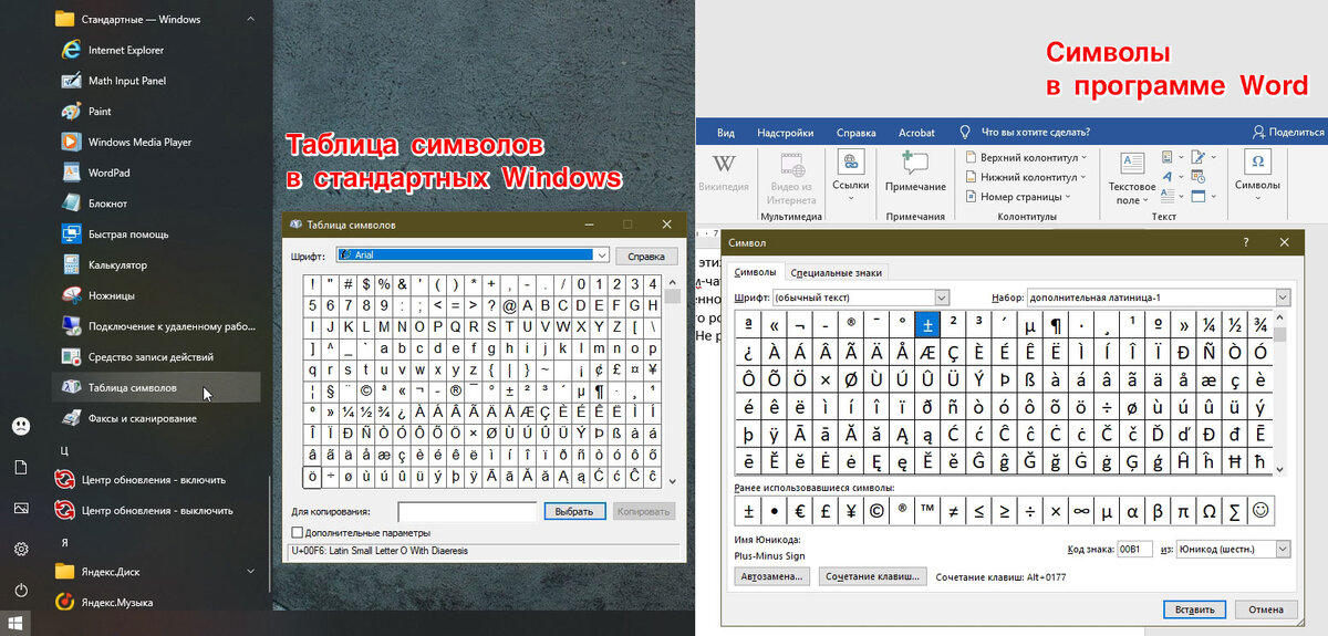 Наборы символов в Таблице символов Windows и в программе Word.