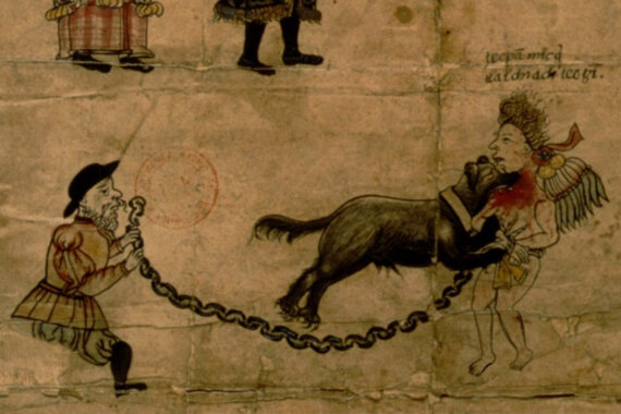 Испанец-конкистадор натравливает пса на ацтека. Миниатюра из рукописи Códice Coyoacán Aperreamiento, XVI век.