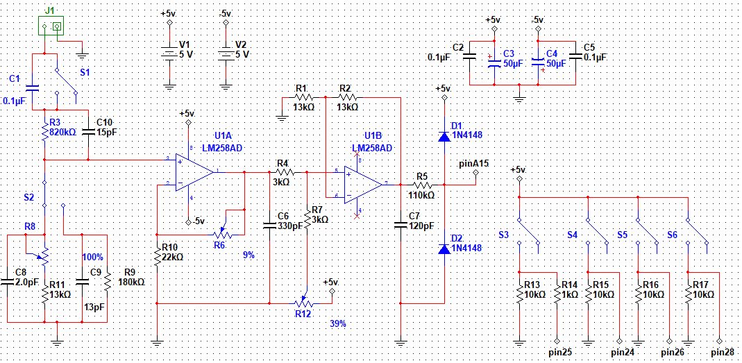 Рисунок  1. Схема осциллографического пробника в программе симулятора Multisim  .R8 - 20кОм, R6 - 200кОм (можно и 100, если Vref ниже 2В), R12 - 10кОм.