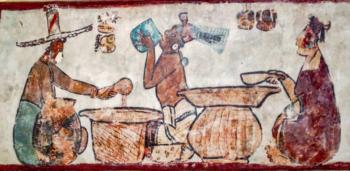 Покупатель пробует какао. Фрагмент фрески из Калакмуля. Bernard Dupont, Calakmul Archeological Zone, Campeche, Mexico. 