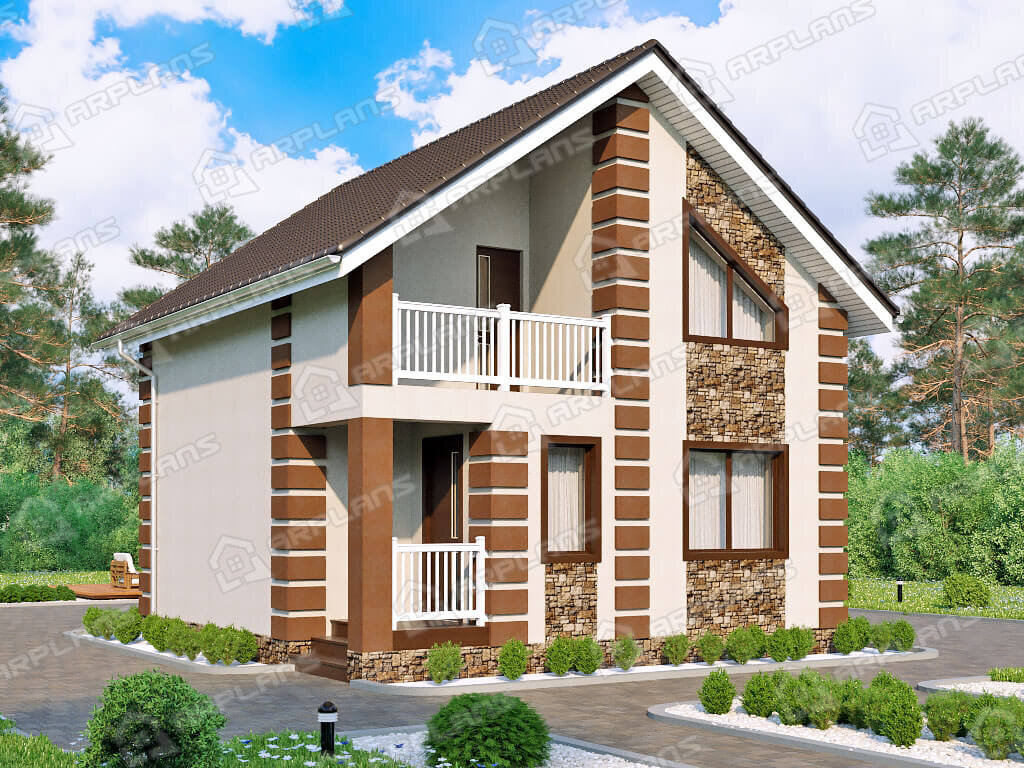 Фото 1 двухэтажного мансардного дома из газобетона с 2 спальнями, балконом и газовой котельной. Площадь до 100 (98) кв. м. Источник arplans.ru Проект К-022