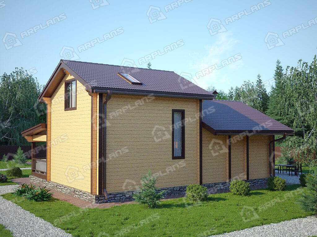 Фото 2 двухэтажной бани из бруса с комнатой отдыха, вторым светом и террасой. Общая площадь 130 кв м. Источник arplans.ru Проект Б-037