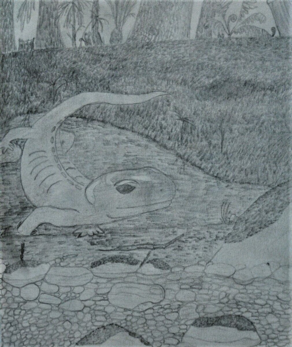 Предположительная реконструкция саламандры из Песков. За основу была взята огненная саламандра. Автор: Вячеслав Смирнов