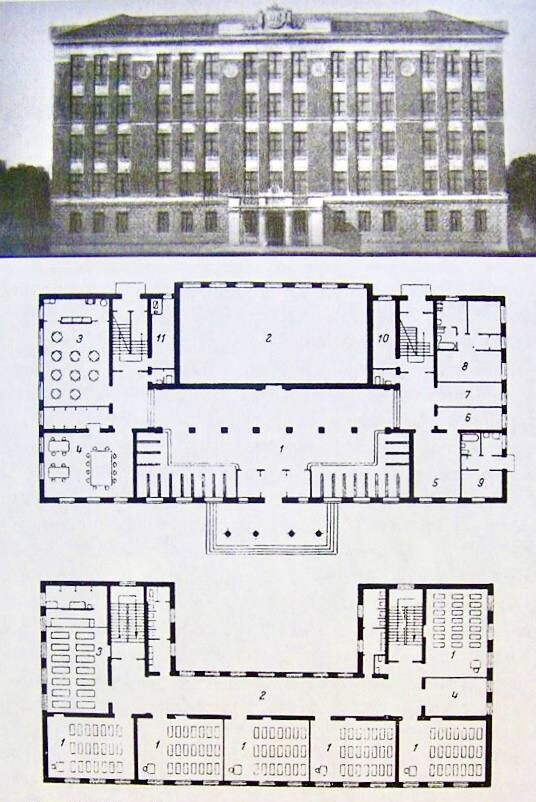Типовой проект школы на 880 учащихся, 1950 г. Архитекторы Л. А. Степанова, С. Д. Юсин. Фасад и поэтажные планы. 
