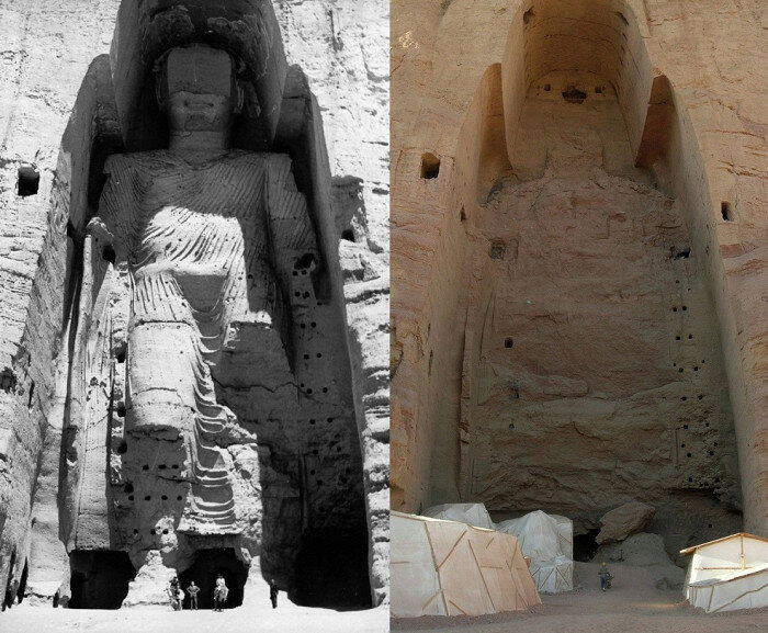Бамианские статуи Будды до и после взрыва // Wikimedia Commons, Zaccarias 