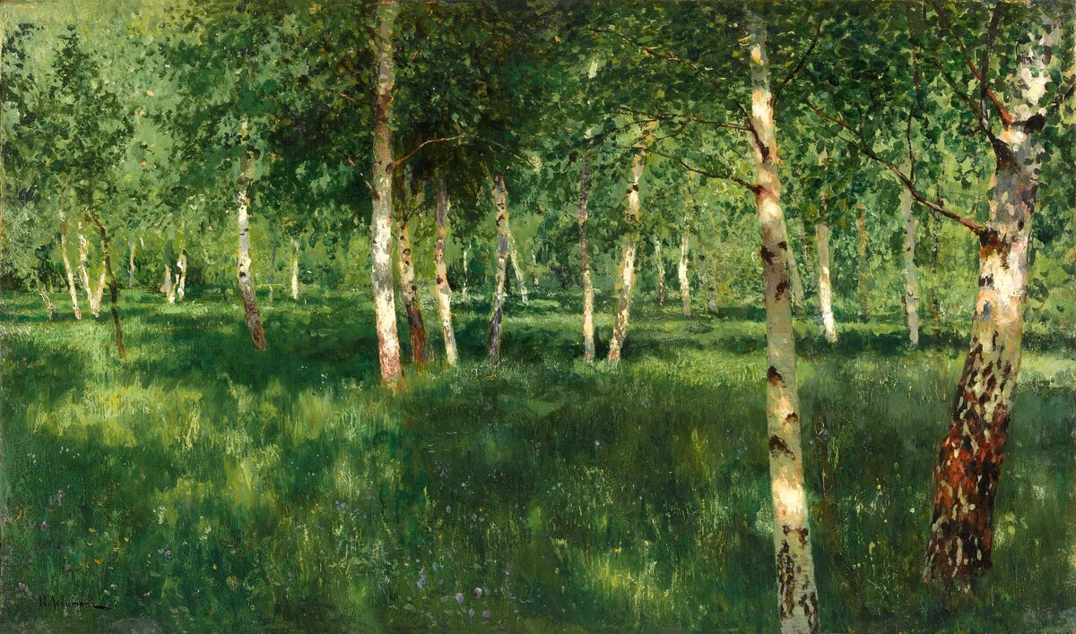 «Березовая роща», 1889 год. Бумага на холсте, масло 30 х 51 см. Левитан Исаак Ильич