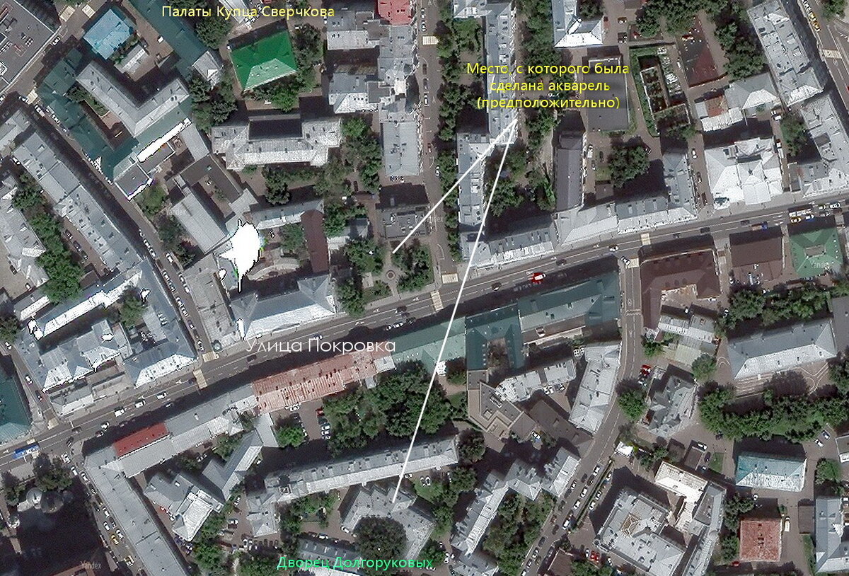 Карта с расположением места, где стояла церковь Успения на Покровке, дома храмосозидателя купца Матвея Сверчкова и дворца князя А.А. Долгорукова.